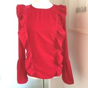 NWT Anthropologie Amaryllis Red Velvet Ruffled Top